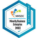 A blue hexagonal certified badge with a colorful design inside.