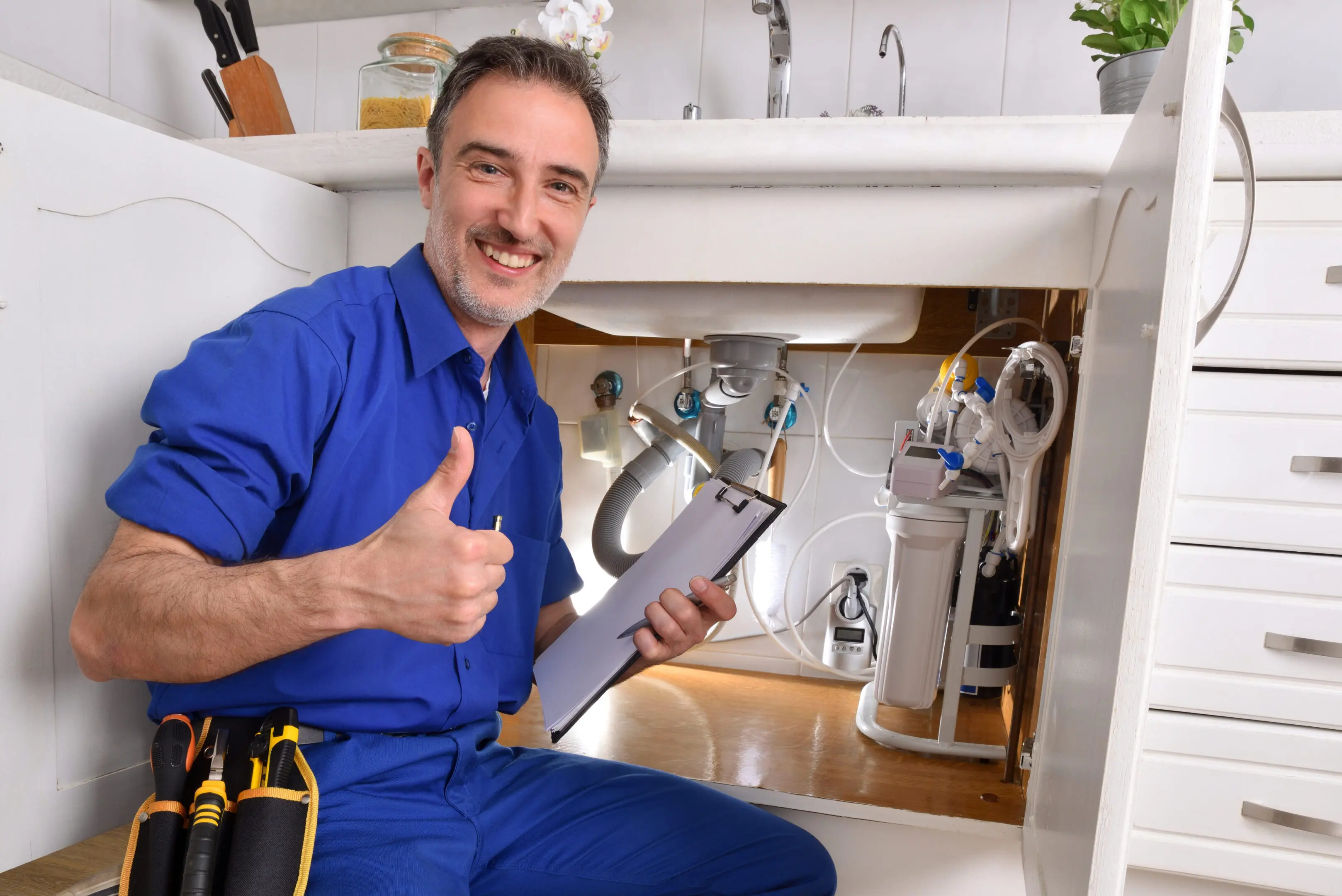 Smiling plumber giving thumbs up under a kitchen sink.