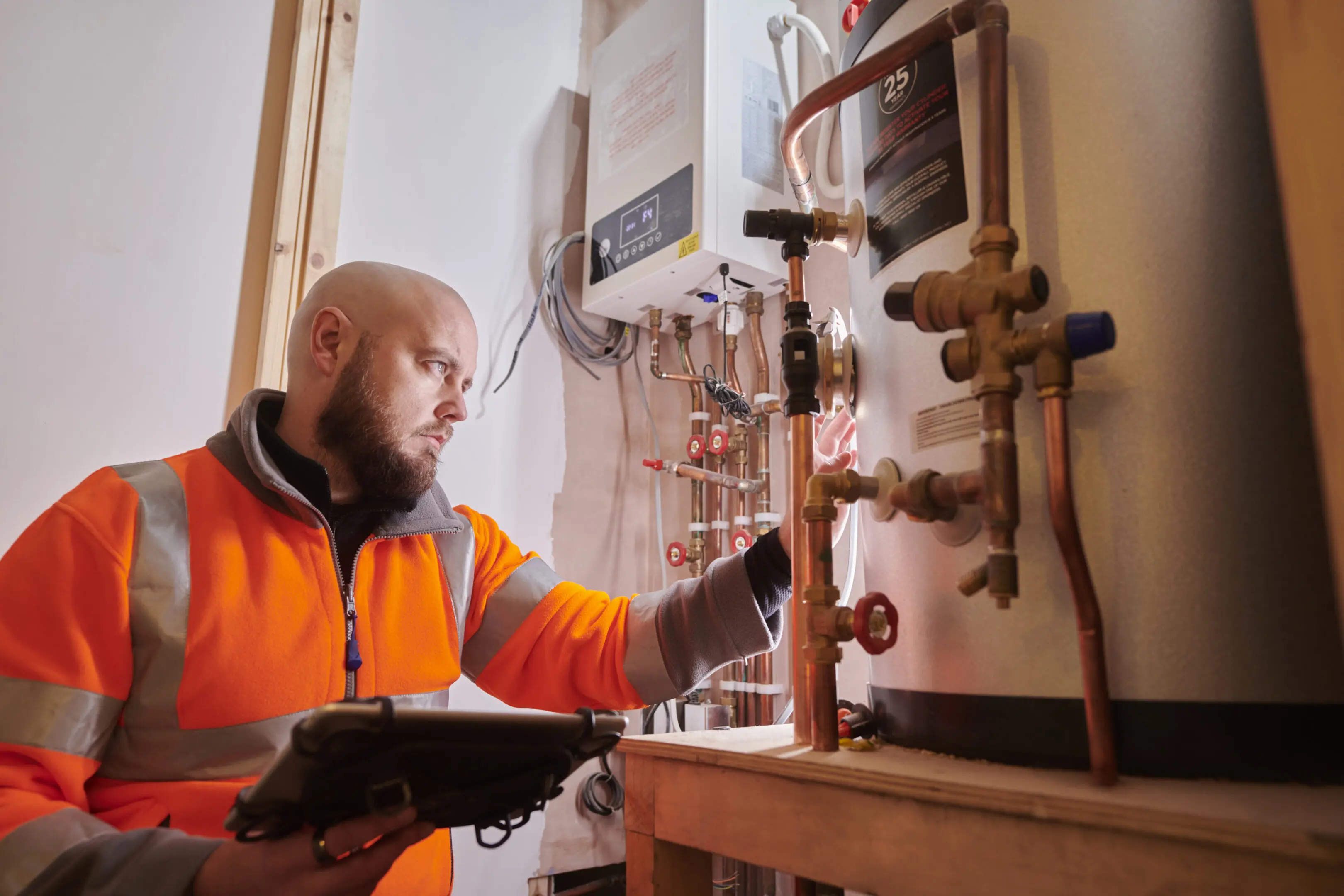 Technician inspecting a boiler system with a clipboard.