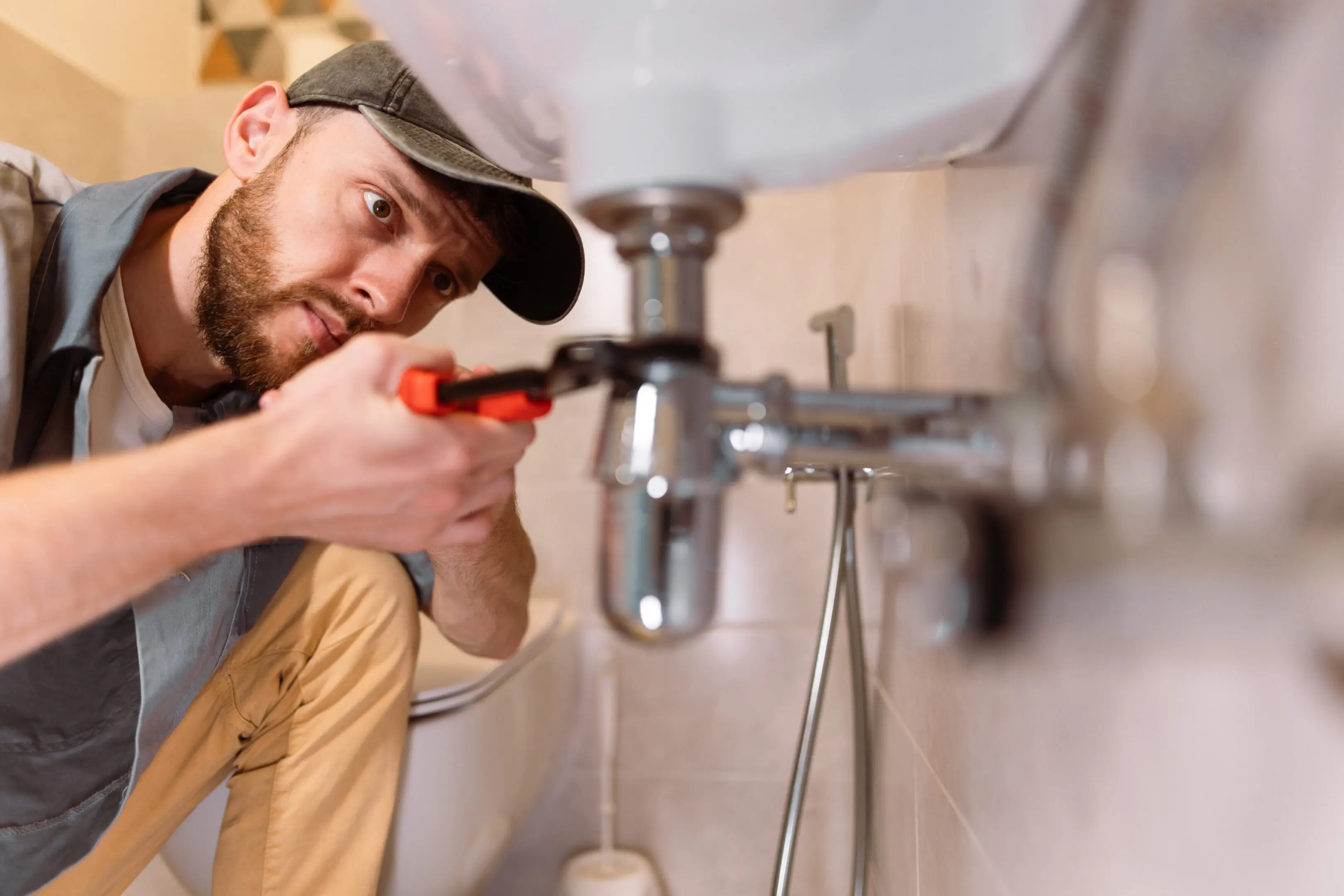 Man fixing plumbing under a sink with a wrench.