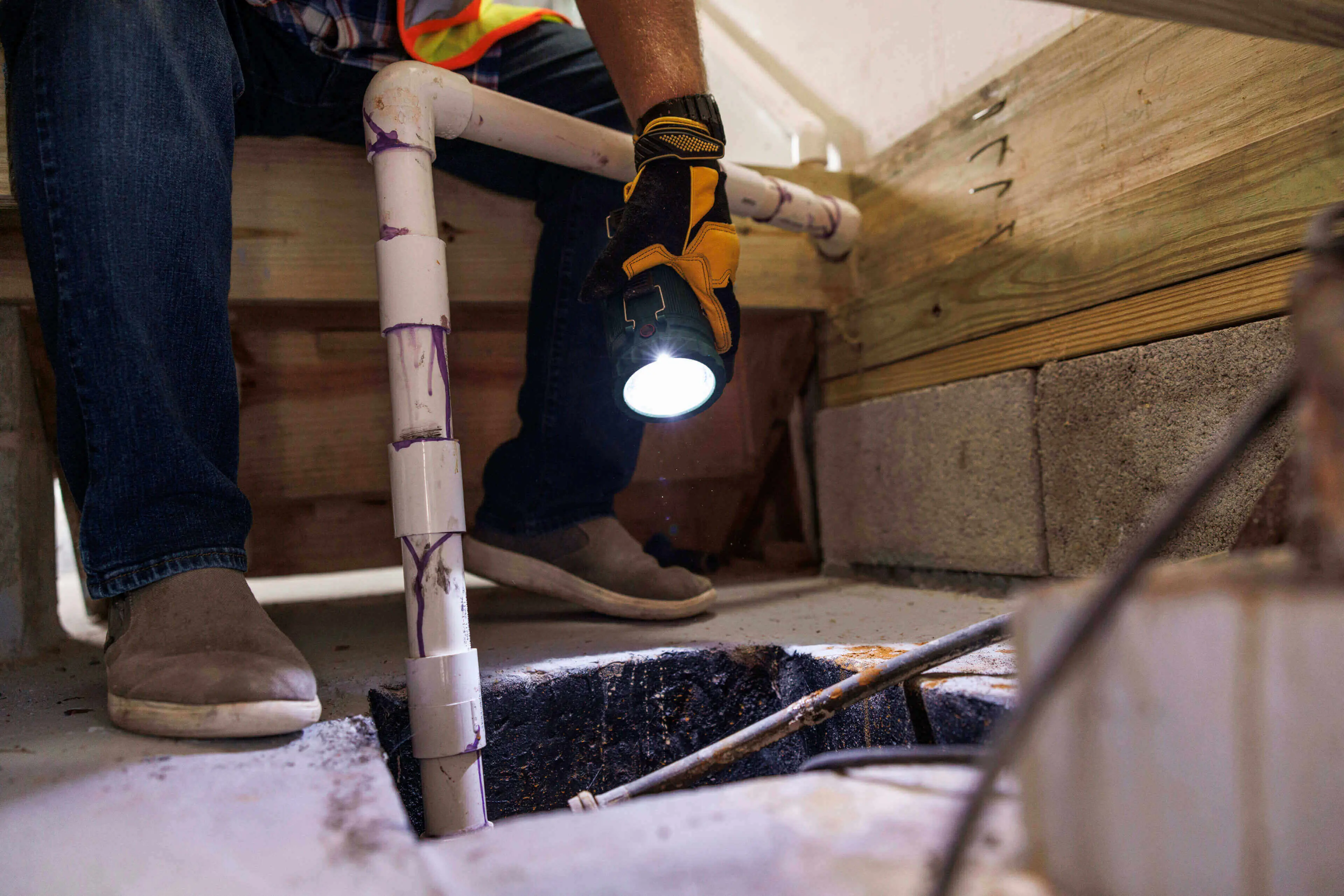 Person inspecting pipes with a flashlight.
