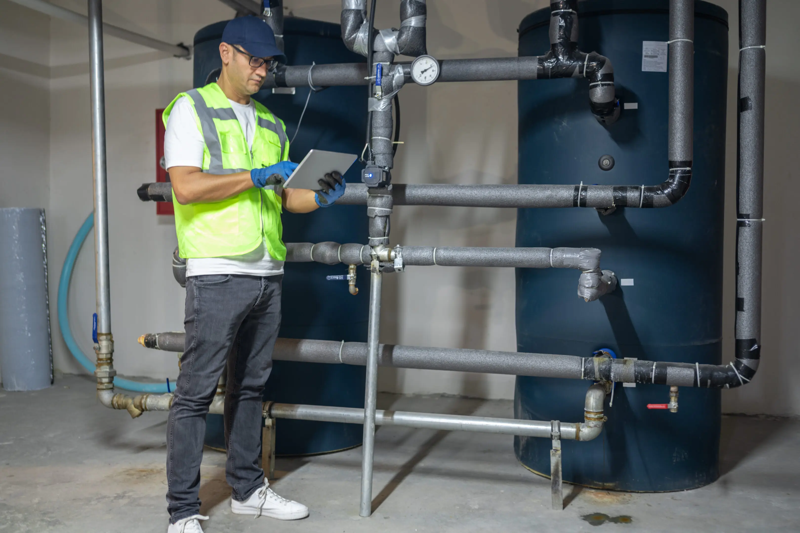 Technician inspecting industrial piping with a tablet.