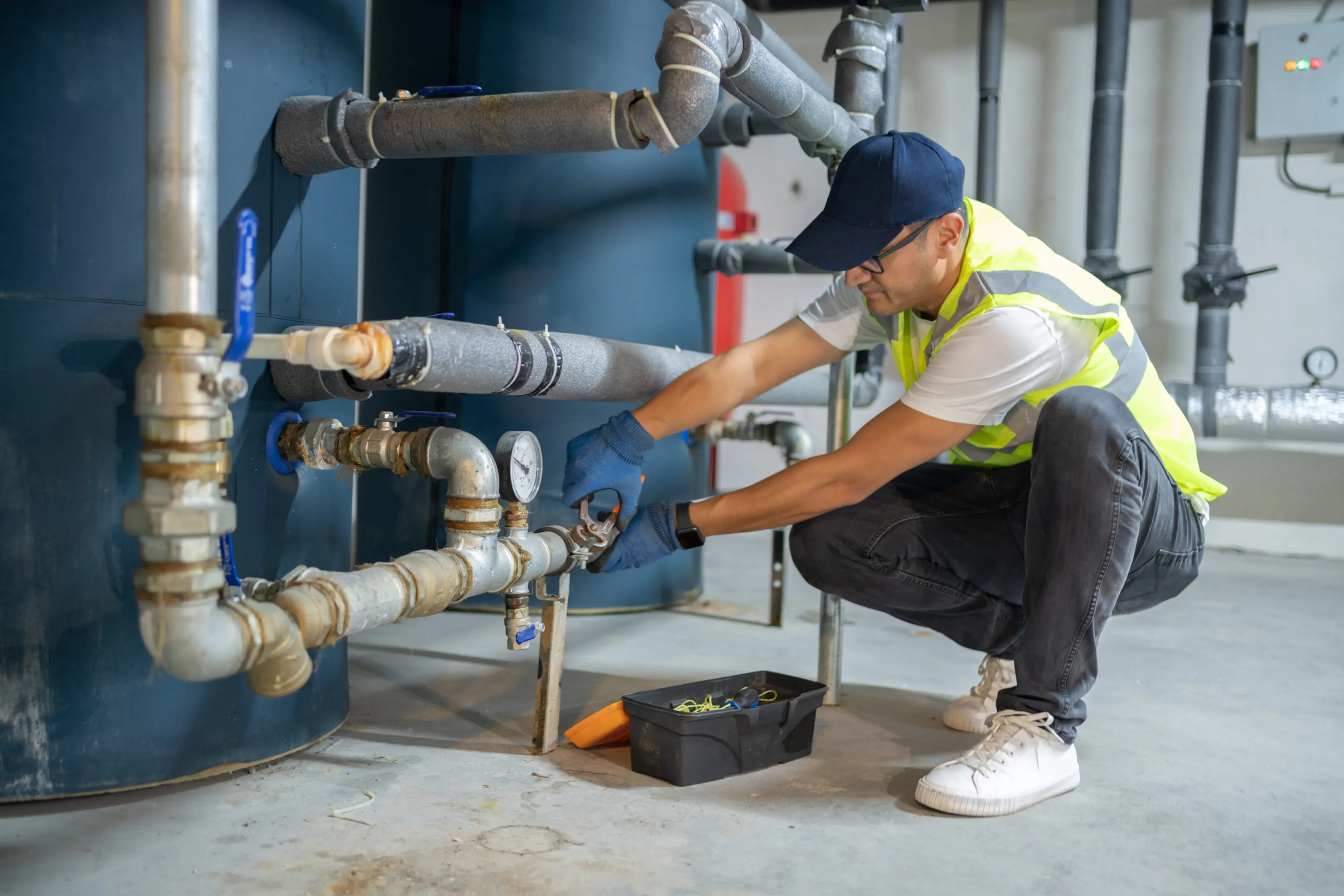 Technician inspecting industrial piping system indoors.