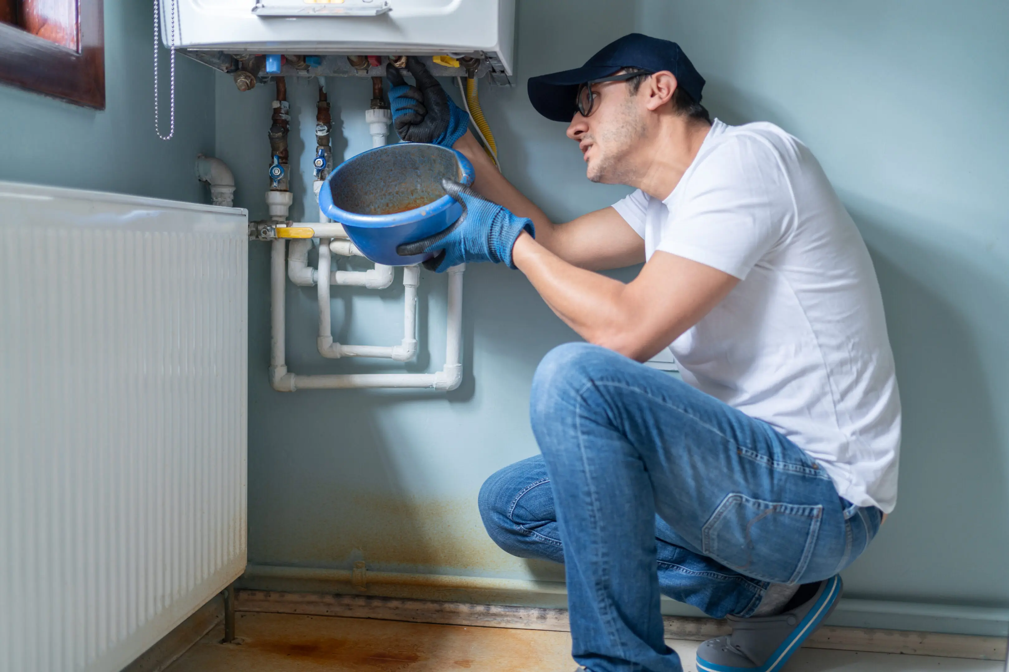 A plumber inspecting pipes under a sink with a flashlight.