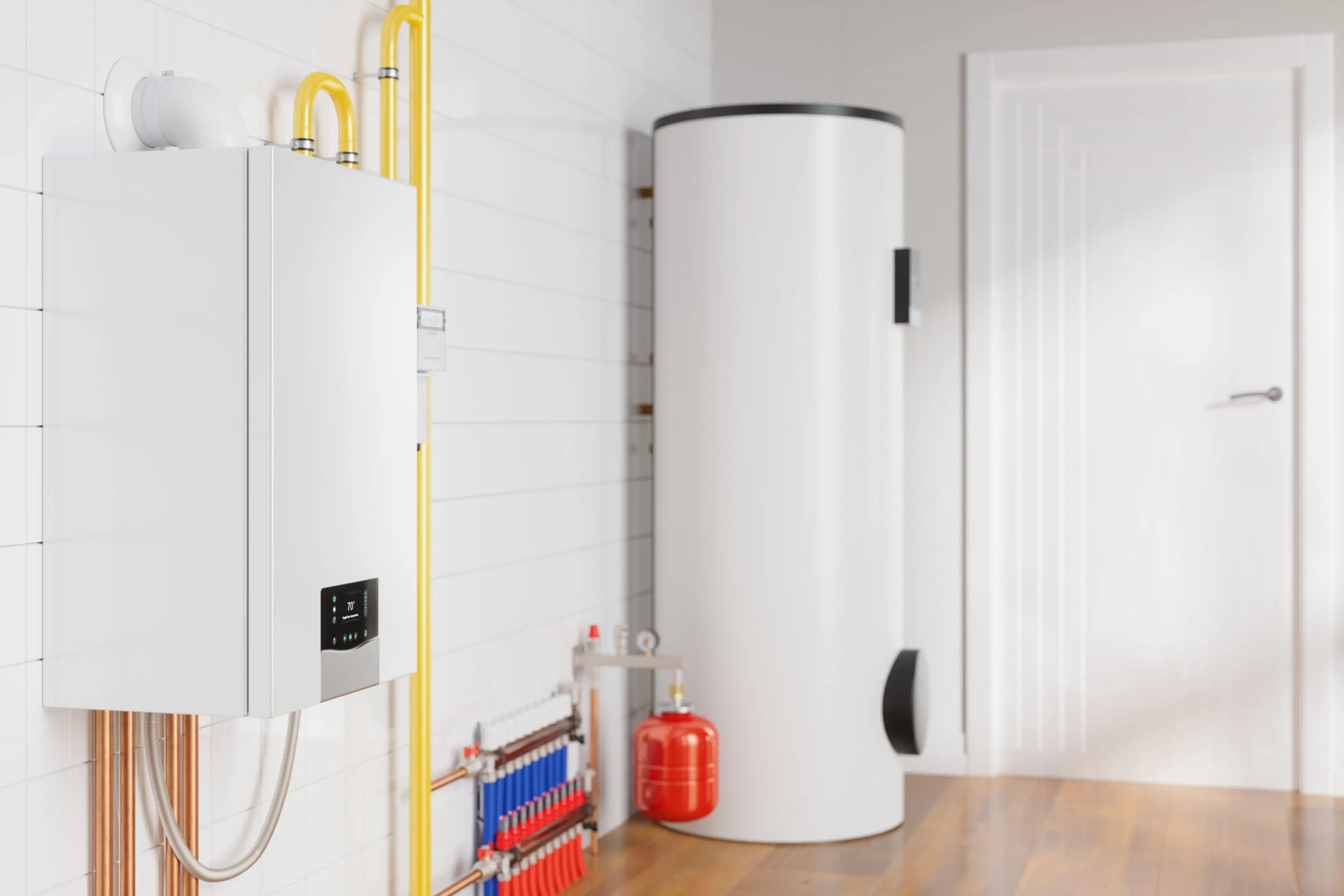 Modern white water heater installed beside yellow pipes and a red fire extinguisher.