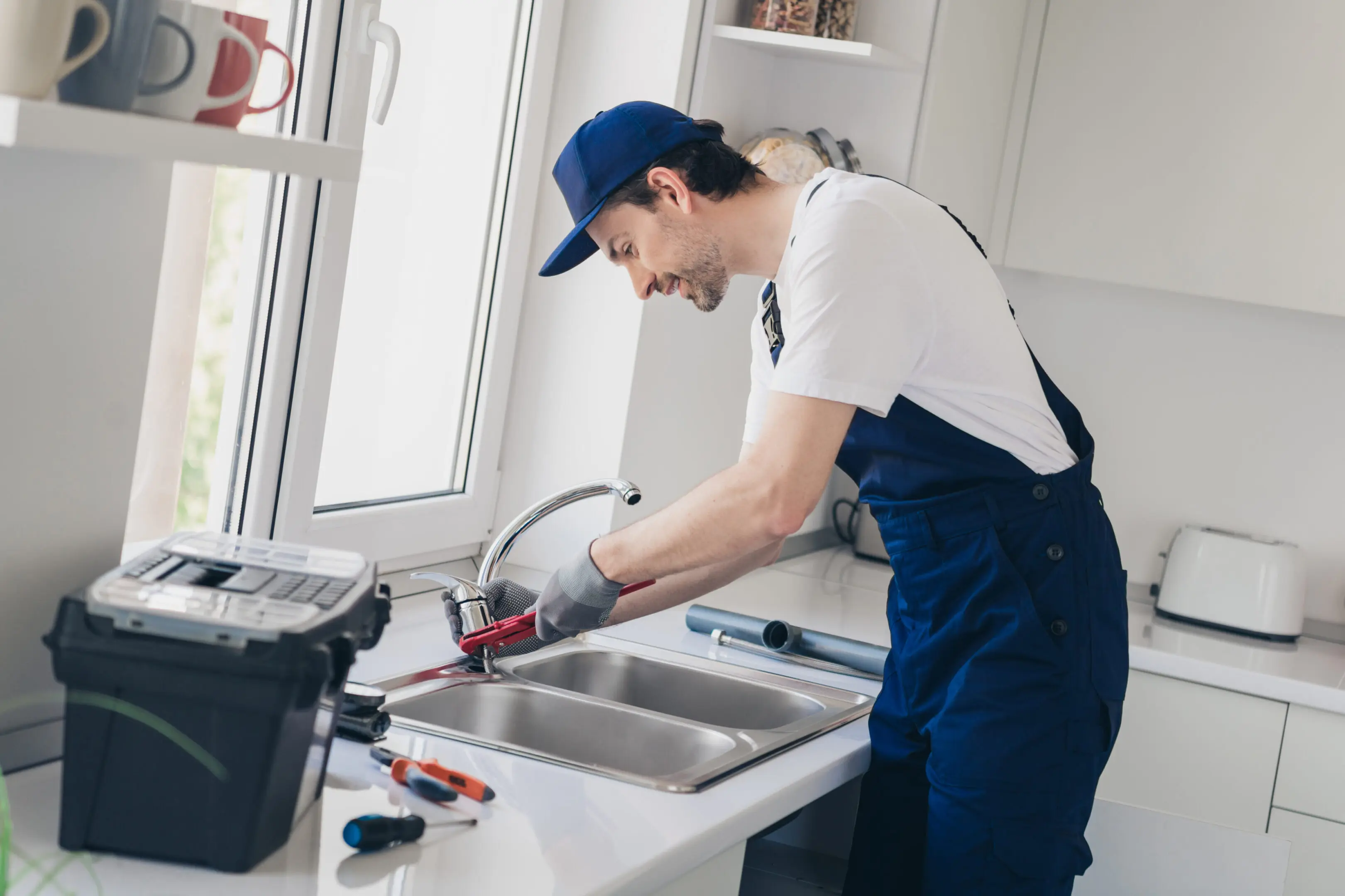 A plumber in blue overalls fixing a kitchen sink.