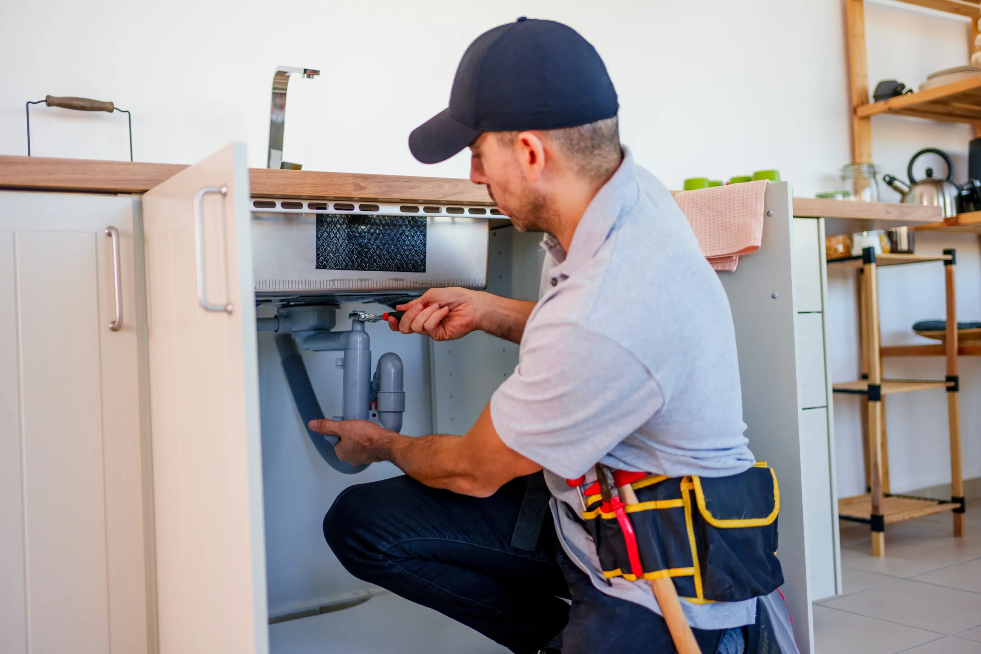 Technician repairing a dishwasher in a kitchen.