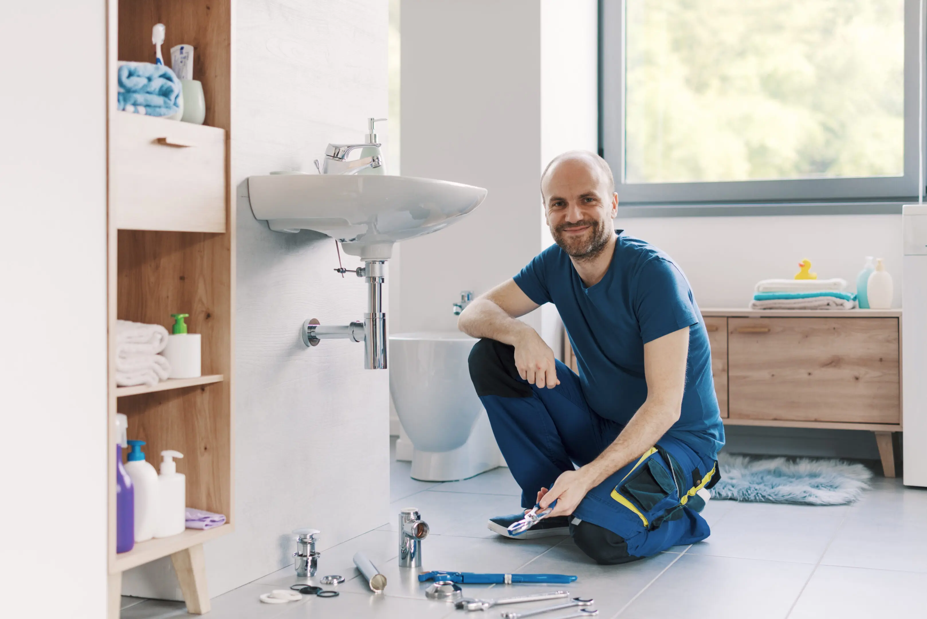 A plumber repairing a bathroom sink with tools scattered around.
