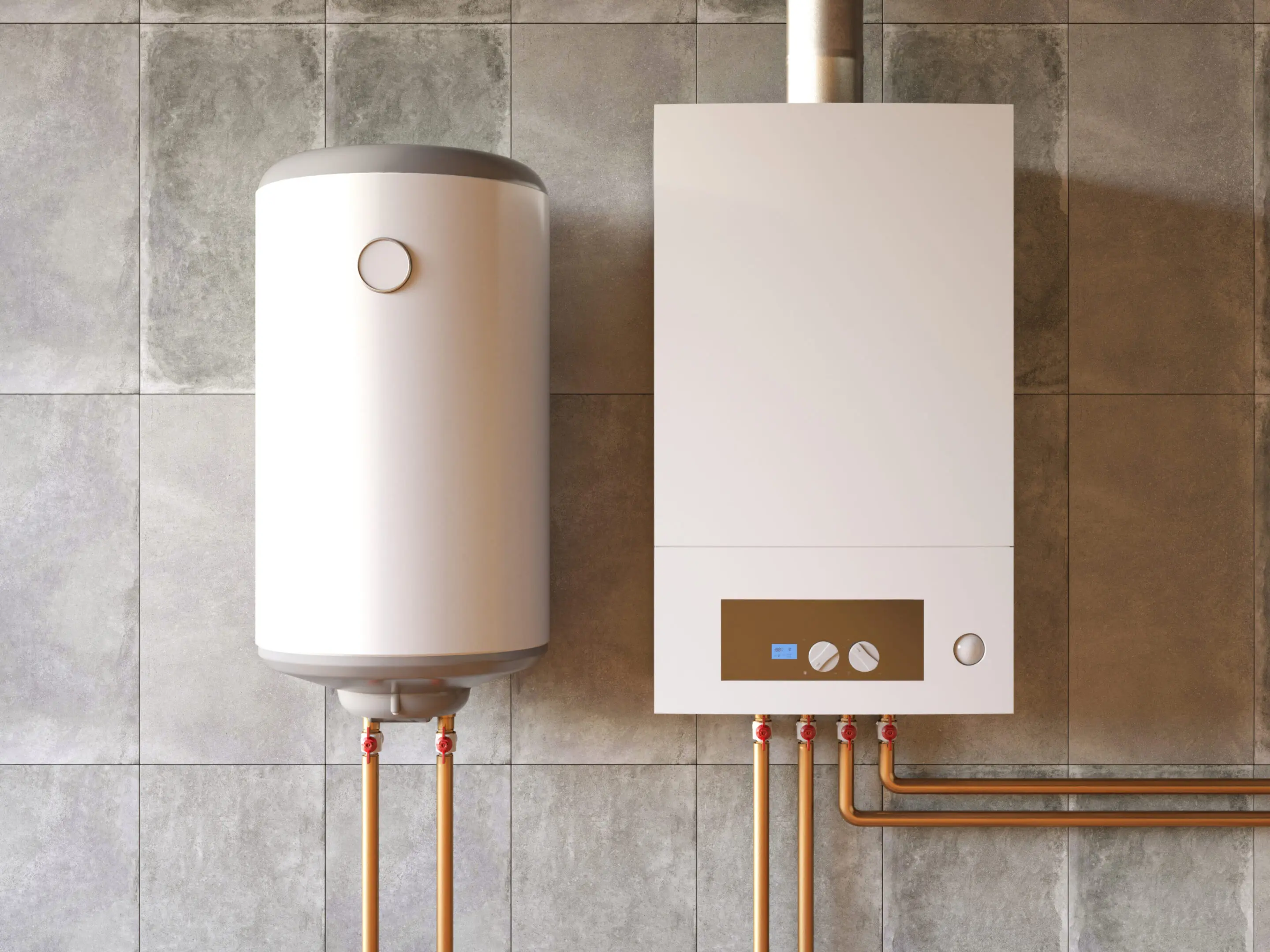 Modern water heater and boiler installed on a tiled wall.