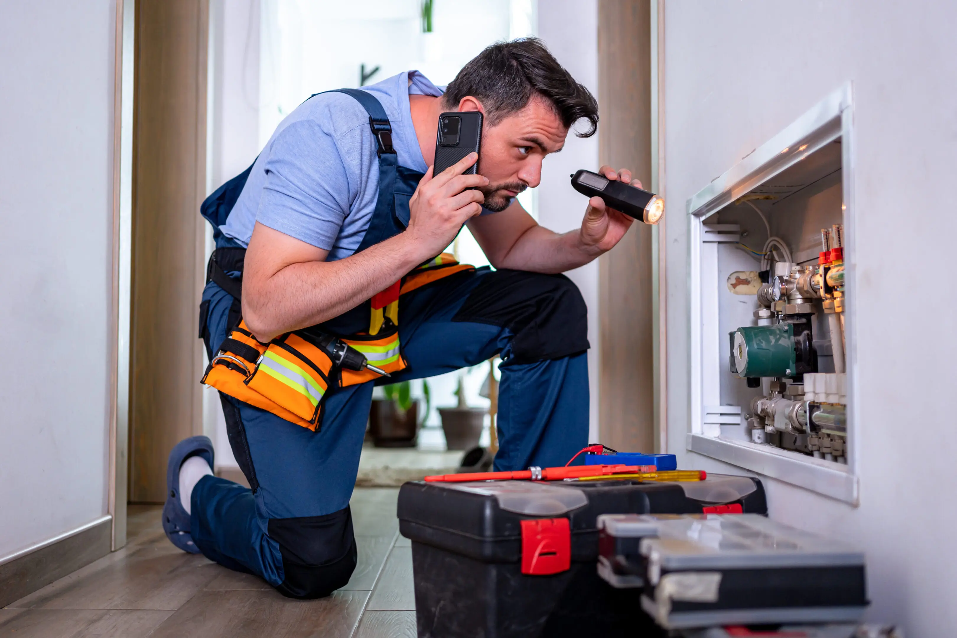 A technician inspects plumbing with a flashlight while talking on the phone.