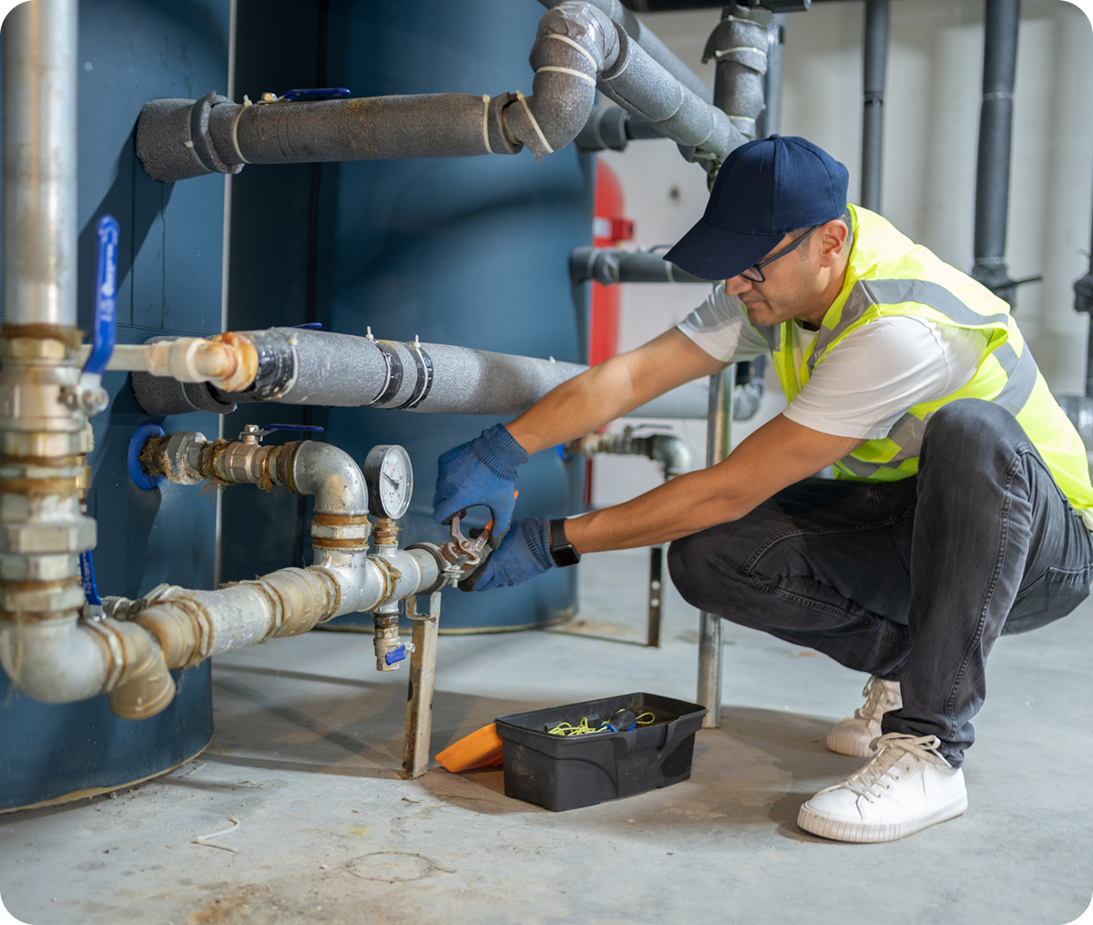 Technician adjusting plumbing valves