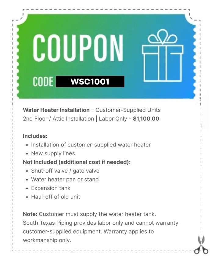 Coupon for water heater installation with $100 discount.