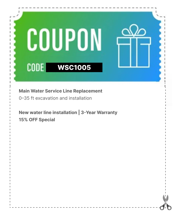 Coupon offering 15% off on main water service line replacement.