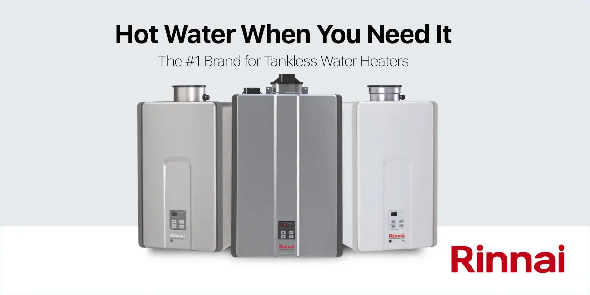 Three modern tankless water heaters in different sizes and colors.