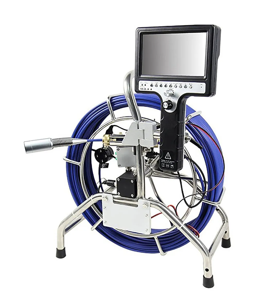 Portable pipe inspection camera with flexible cable and monitor.