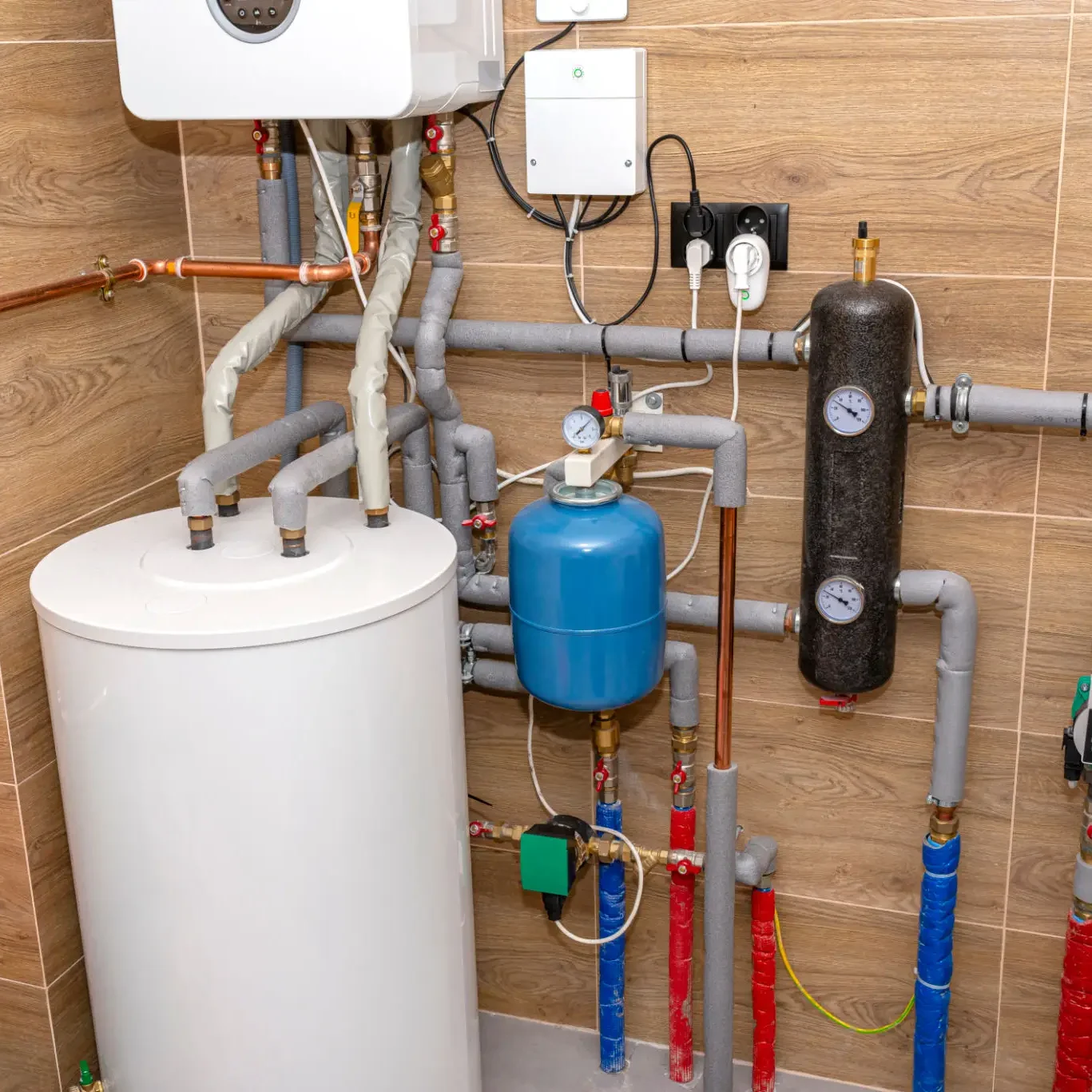Modern home water heating system with pipes and control units.