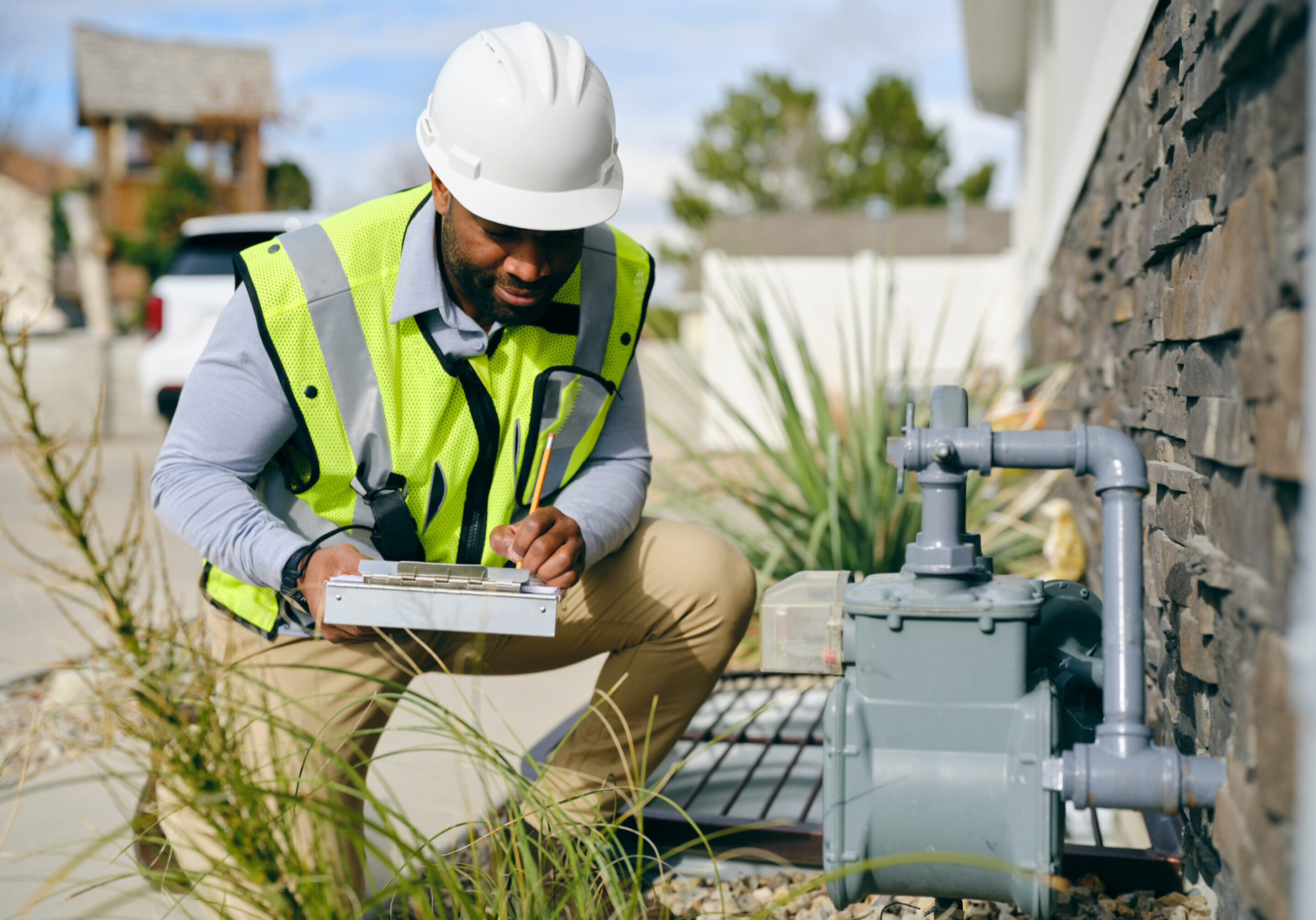Engineer inspecting a gas meter outdoors.