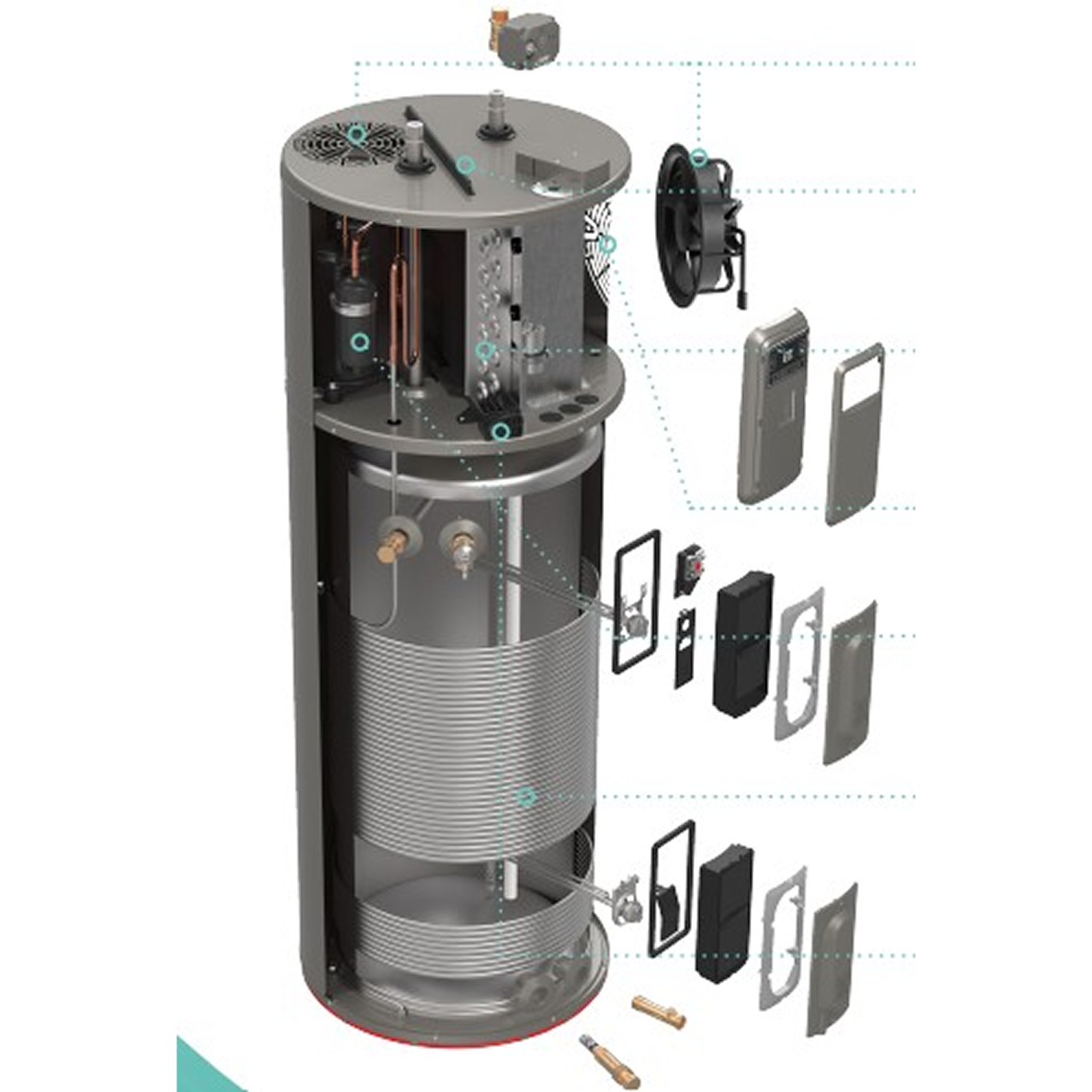 Detailed diagram of a cylindrical water heater with labeled components.