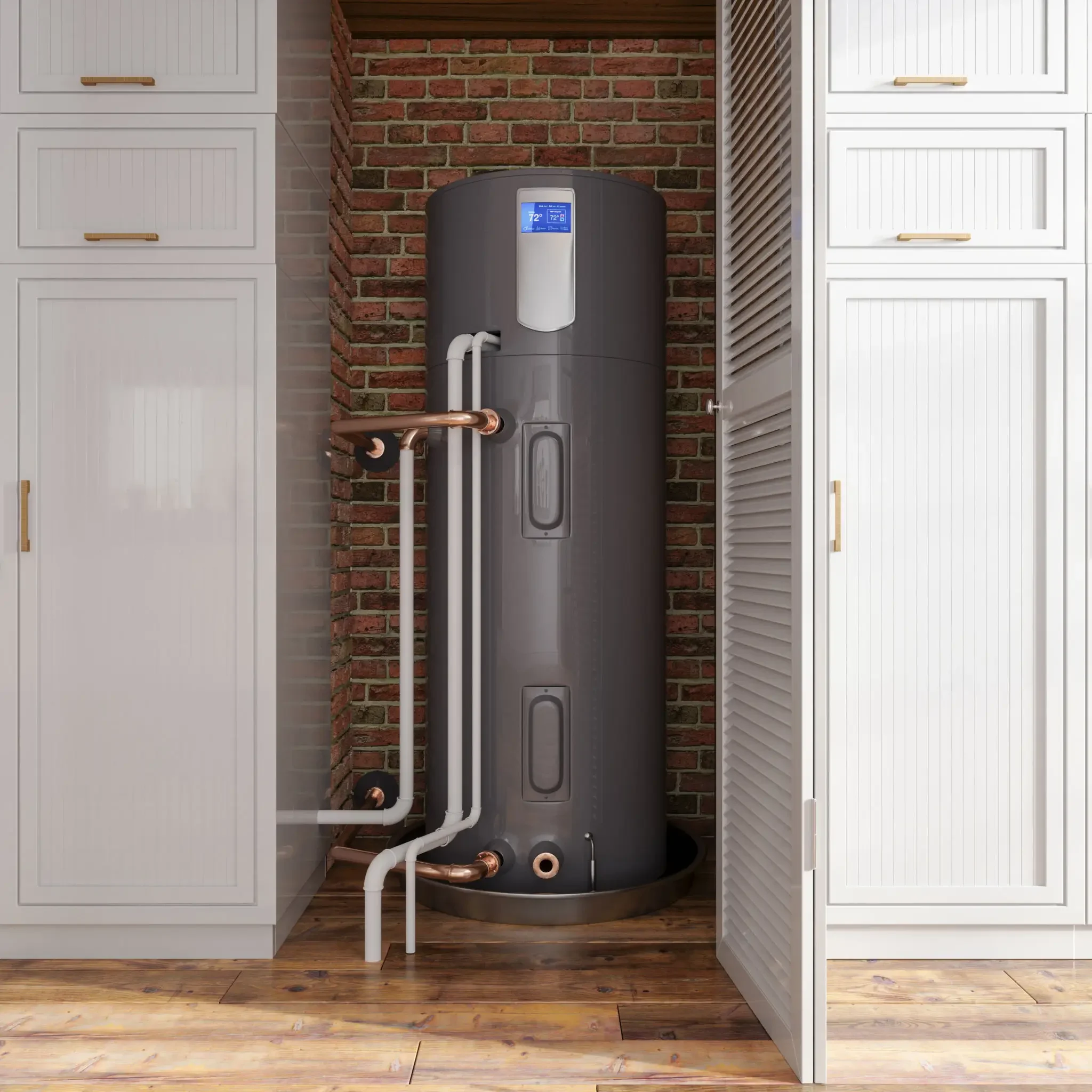 Modern water heater installed in a kitchen space with exposed brick wall.