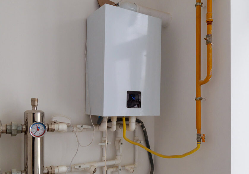 Wall-mounted gas boiler and plumbing setup